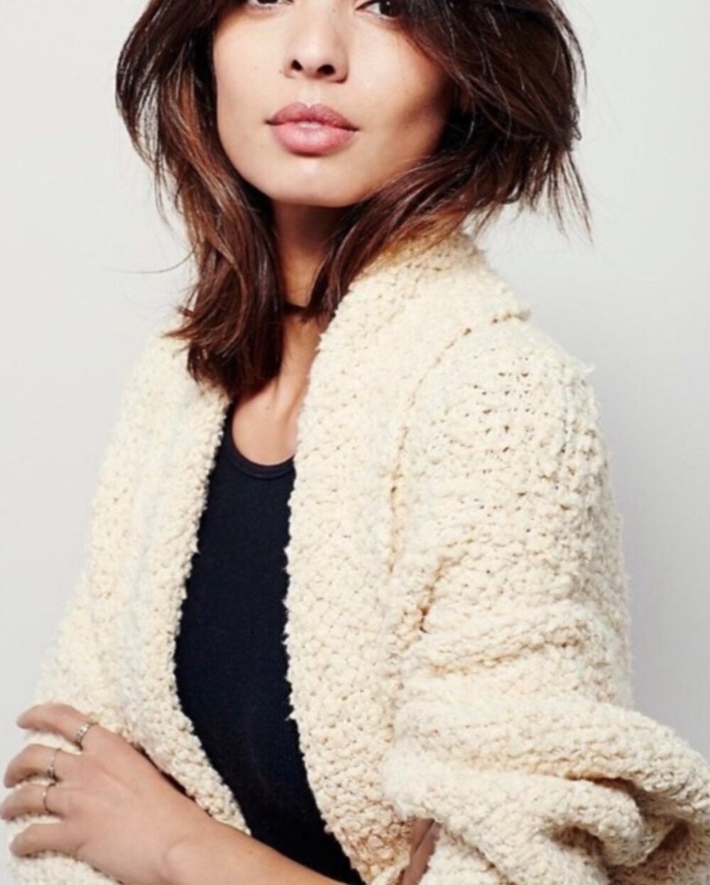 Free People Chunky Boucle Knit Cardigan Duster Shawl Collar Cream Women Medium